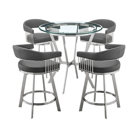 Armen Living Naomi and Chelsea 5-Piece Counter Height Dining Set in Brushed Stainless Steel and Gray Faux Leather SETNMCHGRBS5